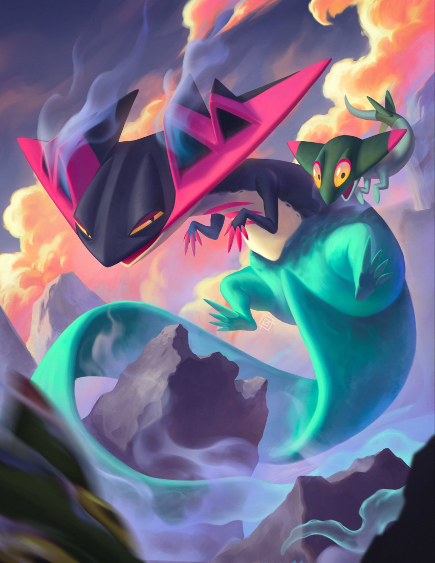 alfonsaurus, clouds, cloudy_sky, commentary, dragapult, dragon, dreepy, english_commentary, flying, full_body, highres, no_humans, pink_claws, pokemon, pokemon_(creature), pokemon_focus, rock, sky, smoke, smoke_trail, solo_focus