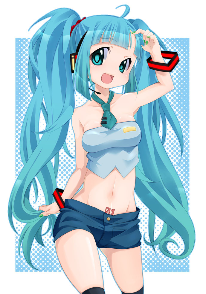 ahoge, akiyama_tooru, aqua_eyes, aqua_hair, arm_up, bad_id, bare_shoulders, hatsune_miku