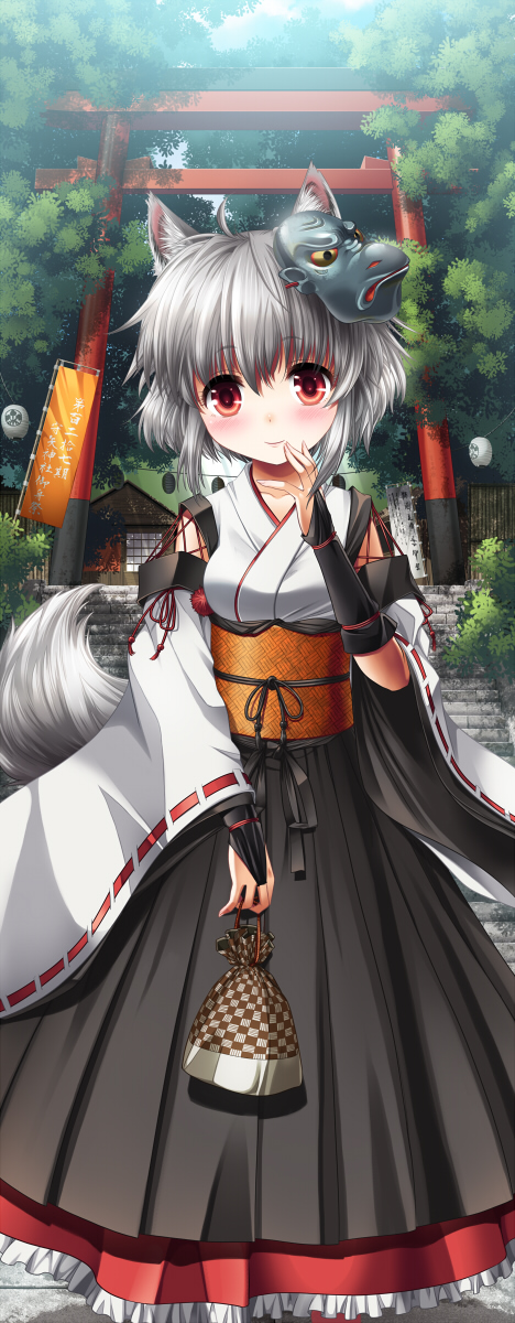 ahoge, animal_ears, bag, blush, detached_sleeves, flag, highres, inubashiri_momiji