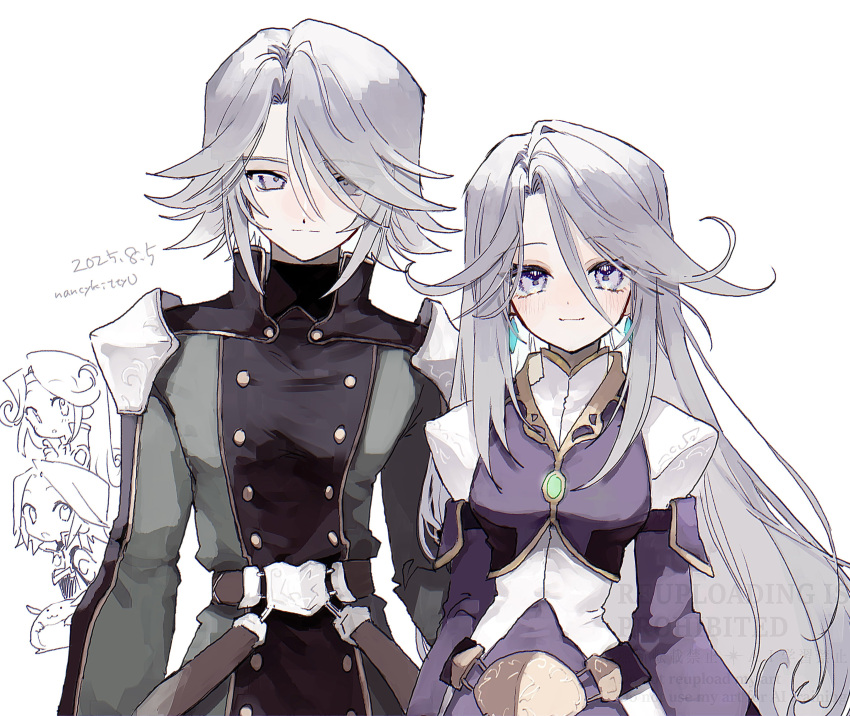 1boy, 1girl, absurdres, armor, artist_name, belt, belt_buckle, blush, brown_belt, buckle, buttons, closed_mouth, coat, dated, dio_(tales), dios_bandi, double-breasted, dress, earrings, eyes_visible_through_hair, green_coat, grey_hair, hair_over_one_eye, highres, jewelry, kururu_(tales), long_sleeves, looking_at_viewer, mel_(tales), meltia_bandi, nancykittyu, purple_dress, short_hair, shoulder_armor, simple_background, smile, tales_of_(series), tales_of_phantasia, tales_of_phantasia:_narikiri_dungeon, violet_eyes, white_background