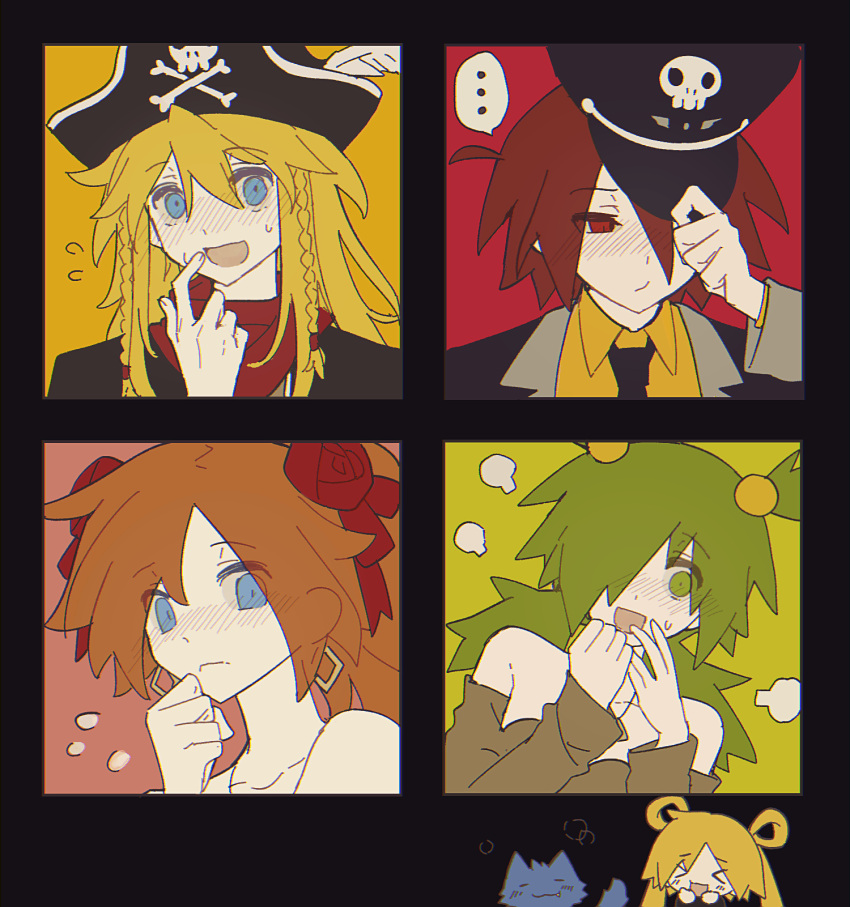 >_<, ..., 2boys, 3girls, :d, animal, anna_(epic_battle_fantasy), anonymous1203, bare_shoulders, black_border, black_hat, black_necktie, blonde_hair, blue_eyes, blue_fur, border, brown_shirt, brown_sleeves, cat, earrings, embarrassed, epic_battle_fantasy, everyone, flower, flustered, green_background, green_eyes, hair_flower, hair_ornament, hair_over_one_eye, hat, hat_ornament, hat_tip, highres, hikari_(epic_battle_fantasy), jewelry, lance_(epic_battle_fantasy), long_hair, matt_(epic_battle_fantasy), multiple_boys, multiple_girls, multiple_views, neckerchief, necklace, necktie, nervous_sweating, nolegs_(epic_battle_fantasy), orange_background, pirate_hat, portrait, quad_tails, red_background, red_eyes, red_flower, red_hair, red_neckerchief, red_rose, rose, shirt, short_hair, skull_hat_ornament, smile, sweat, sweatdrop, yellow_background, yellow_shirt