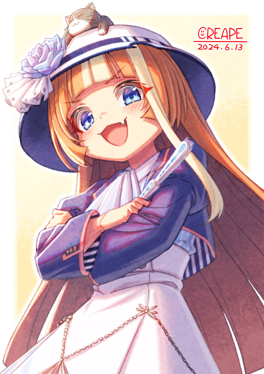 akikawa_yayoi's_cat, akikawa_yayoi_(umamusume), animal_ears, animal_on_head, ascot, blue_eyes, blue_jacket, blush, cat, cat_on_head, commentary_request, creape, crossed_arms, fang, hat, highres, jacket, long_hair, long_sleeves, looking_at_viewer, multicolored_hair, on_head, open_mouth, orange_hair, skirt, smile, streaked_hair, sun_hat, umamusume, white_ascot, white_hair, white_skirt