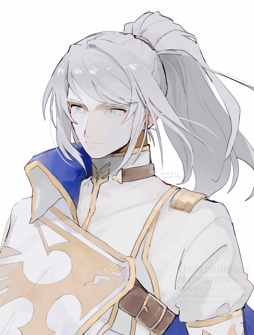 1boy, absurdres, artorius_collbrande, blue_eyes, cape, closed_mouth, commentary_request, grey_hair