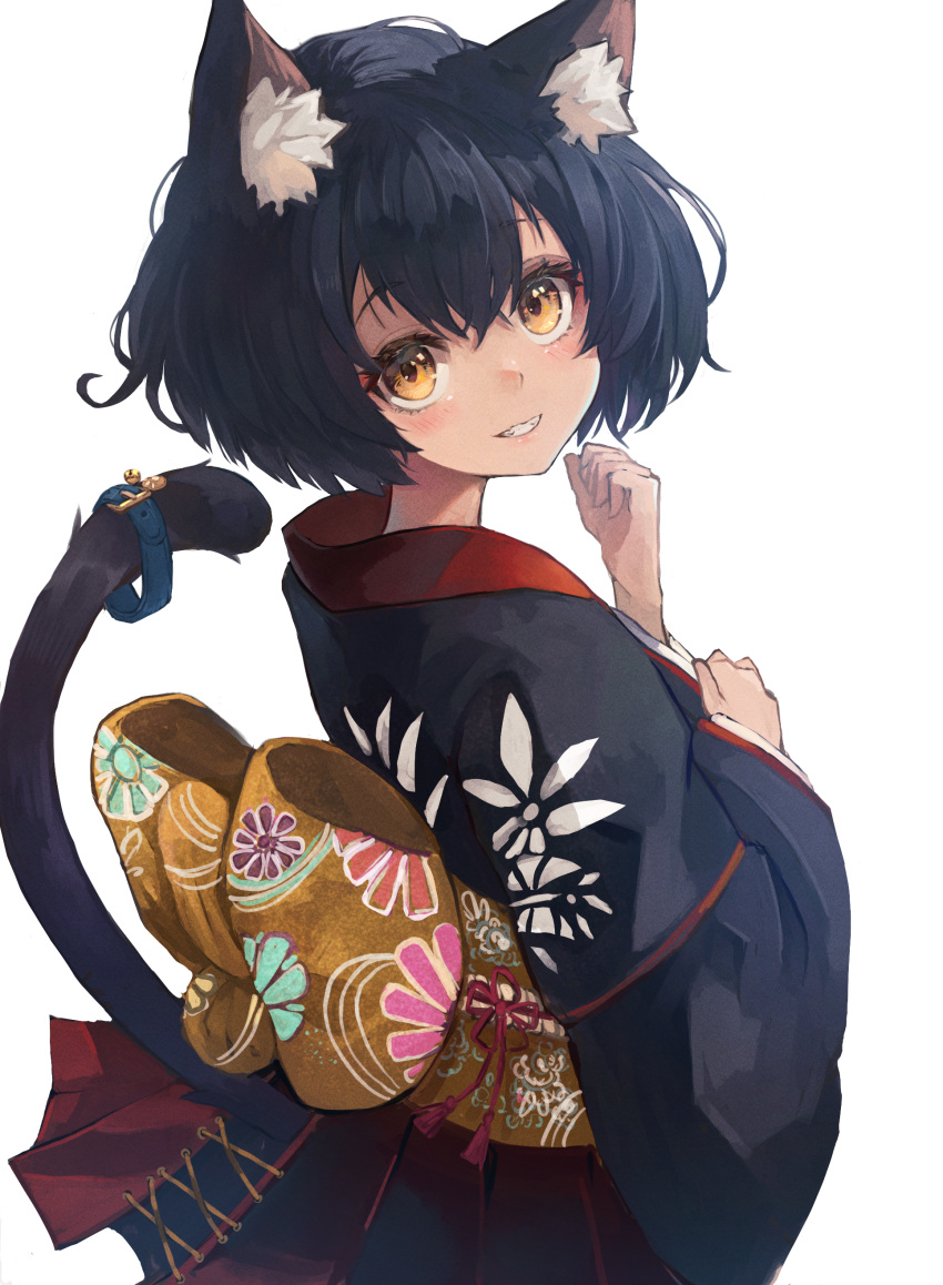 1girl, absurdres, animal_ear_fluff, animal_ears, black_kimono, blonde_hair, blush, cat_ears