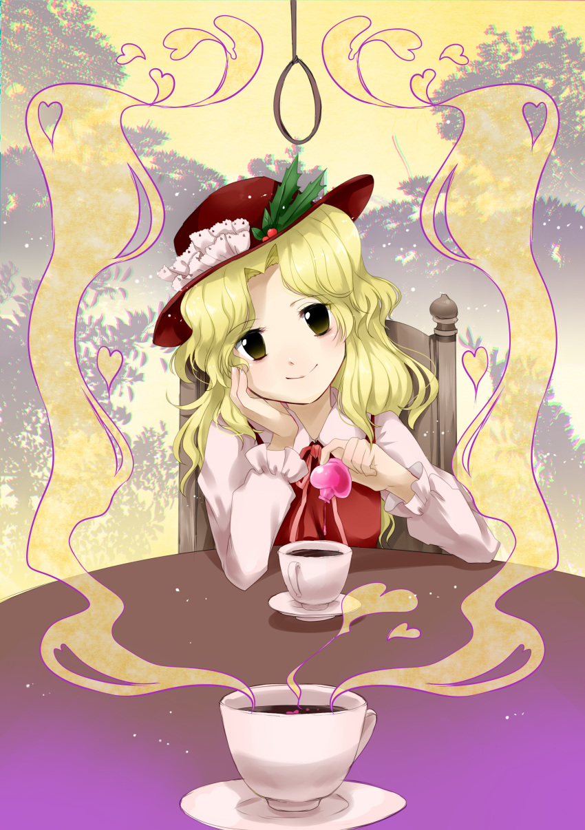 1girl, absurdres, blonde_hair, brown_hat, brown_vest, coffee_mug, commentary_request, cup