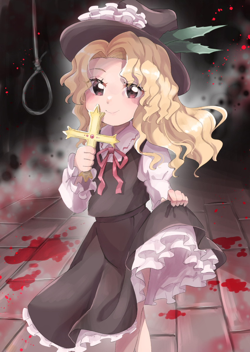 1girl, absurdres, blonde_hair, blood, blood_on_ground, brown_hat, brown_skirt, brown_vest