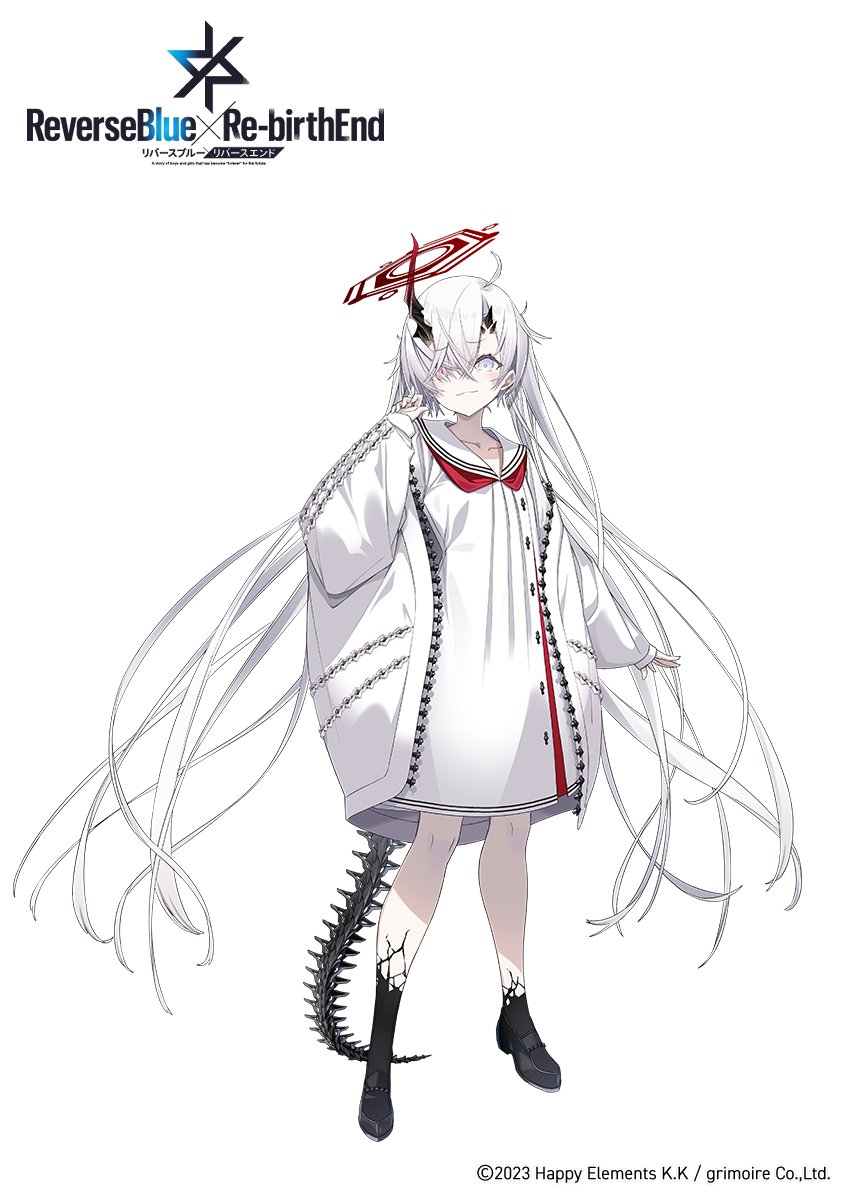 1girl, 909_(reverseblue), ahoge, asymmetrical_horns, black_horns, commentary_request, copyright_logo, dress, full_body, gradient_horns, grey_eyes, hair_between_eyes, heterochromia, highres, horns, logo, long_hair, mechanical_tail, mk_(masatusaboten), multicolored_horns, official_art, red_eyes, red_horns, reverseblue_x_re-birthend, sleeves_past_wrists, solo, tail, very_long_hair, white_dress, white_hair