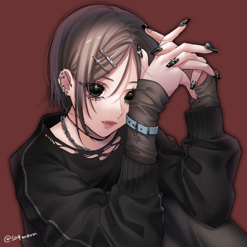 1girl, artist_name, black_nails, black_sweater, brown_background, brown_hair, chain, chain_necklace