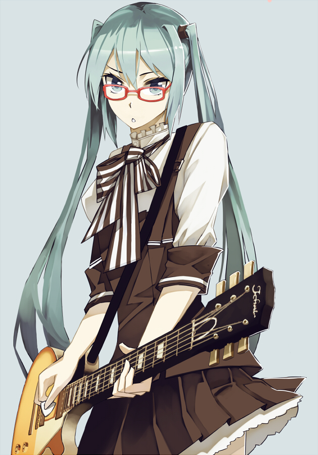 aqua_eyes, aqua_hair, bespectacled, glasses, guitar, hatsune_miku, instrument, kibamigohann