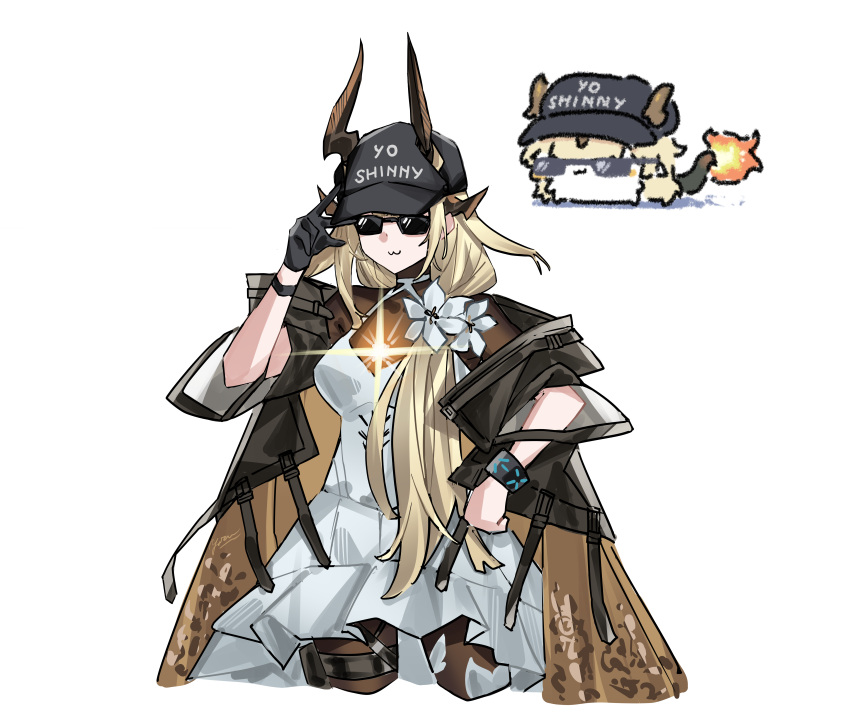 1girl, :3, absurdres, arknights, arm_up, baseball_cap, black_coat, black_gloves