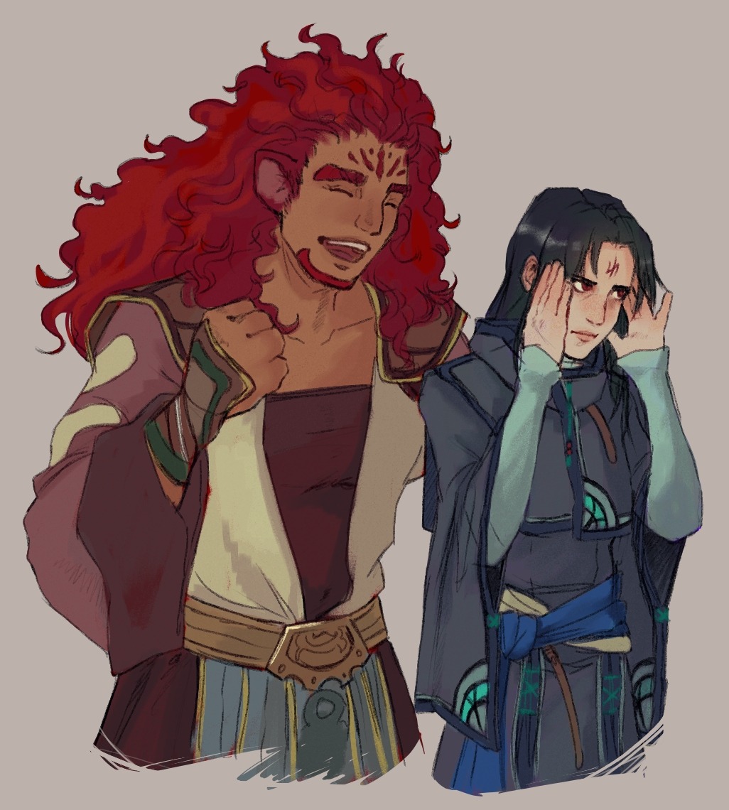2boys, aevi, animal_ears, black_hair, capelet, closed_eyes, commentary, dark-skinned_male