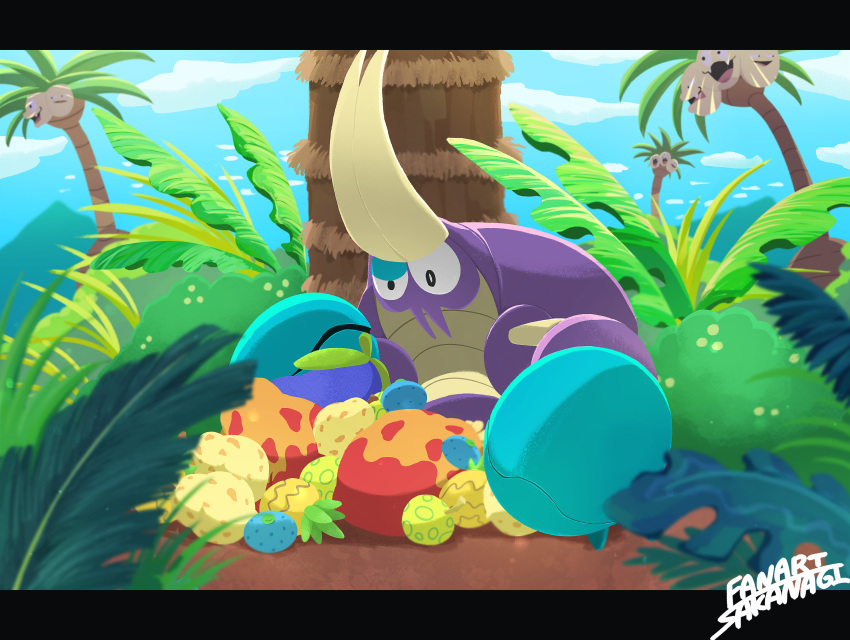 absurdres, alolan_exeggutor, aspear_berry, berry_(pokemon), blue_sky, clouds, commentary_request, crabrawler