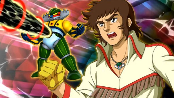 1970s_(style), black_eyes, crossover, jewelry, koutetsu_jeeg, mature_male, mecha, medium_hair