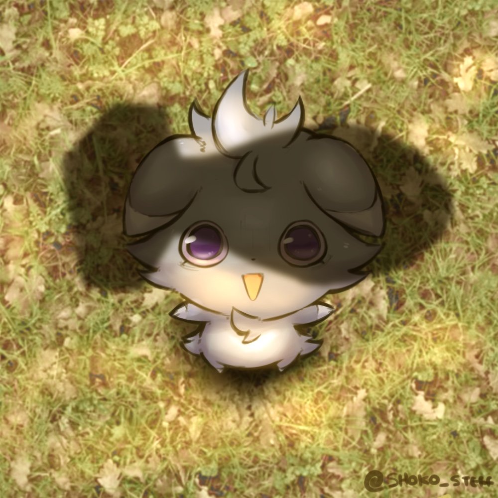 commentary_request, dot_nose, espurr, from_above, full_body, grass, looking_up, no_humans, nuclear_weapon, open_mouth, outdoors, pokemon, pokemon_(creature), pokemon_focus, shadow, shoko_steff, solo, spanish_commentary, twitter_username, violet_eyes