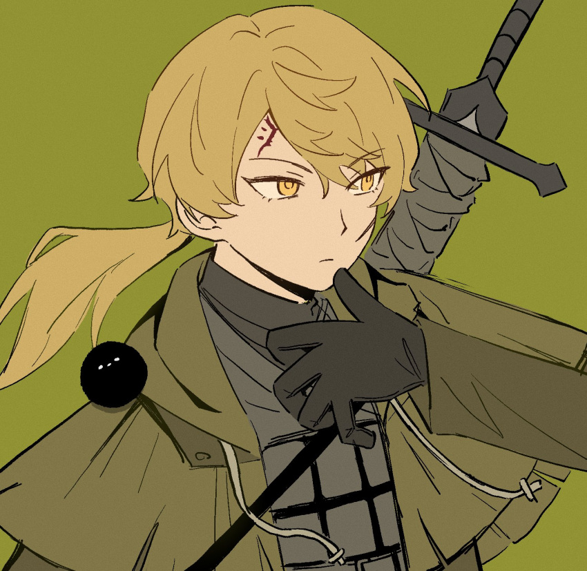 1boy, a_certain_sinclair_(project_moon), animal_on_shoulder, bird, bird_on_shoulder, black_gloves, blonde_hair, bulletproof_vest