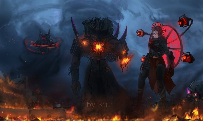 1girl, 2boys, absurdres, artist_name, assailant_astro_toilet, broken_tv, cloud_ruan99543, commentary, core, corpse, duchess_astro_toilet, english_commentary, fire, floating, glowing, glowing_weapon, green_light, helmet, highres, iron_halo, laser_cannon, multiple_boys, post-apocalypse, red_hair, ruins, shoulder_blades, shoulder_spikes, skibidi_toilet_(series), spikes, television, tendrils_from_back, watchman_of_doom_(titan_tv_man), weapon