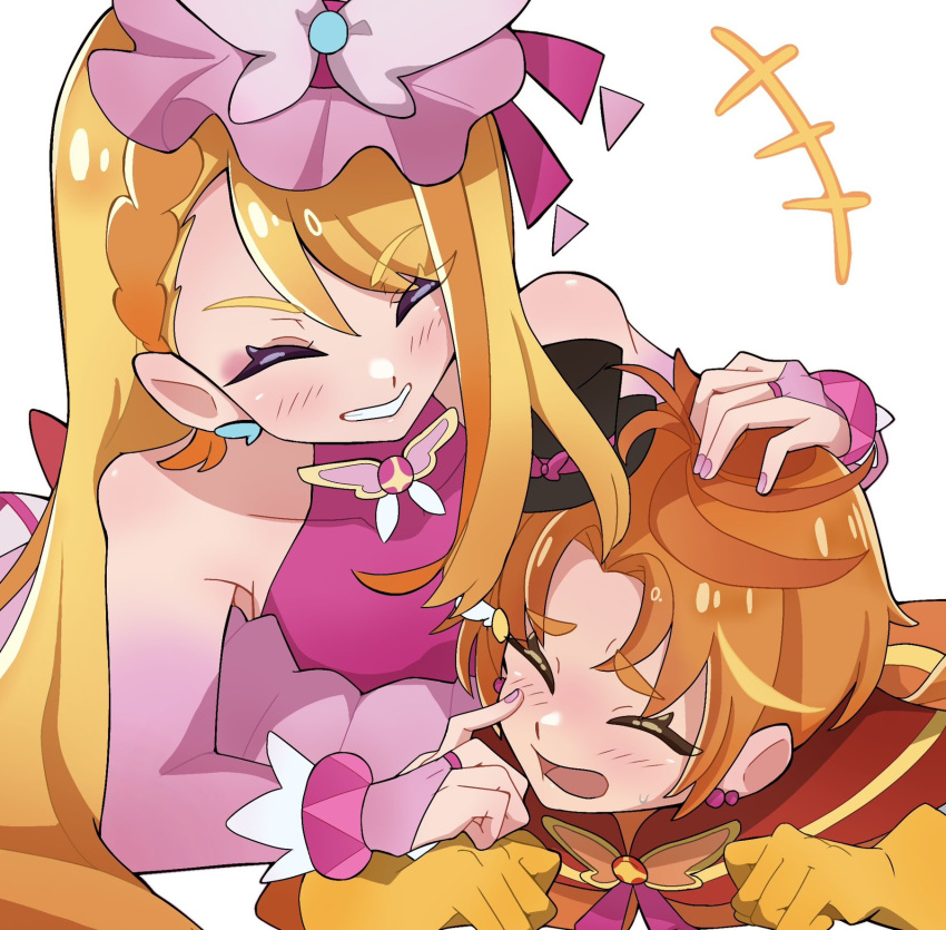 +++, 1boy, 1girl, age_difference, asymmetrical_bangs, bare_shoulders, blush, bracelet, braid, bridal_gauntlets, brkrn, butterfly_on_neck, capelet, closed_eyes, commentary_request, cure_butterfly, cure_wing, dress, earrings, eyeshadow, facing_another, finger_to_cheek, gloves, grin, hand_on_another's_head, hat, hetero, highres, hirogaru_sky!_precure, jewelry, long_hair, long_single_sidelock, lying, magical_boy, magical_girl, makeup, on_stomach, onee-shota, open_mouth, orange_hair, parted_bangs, pink_bridal_gauntlets, pink_dress, pink_eyeshadow, pink_hat, pink_nails, precure, red_capelet, short_hair, simple_background, smile, sphere_earrings, thick_eyebrows, very_long_hair, white_background, yellow_gloves