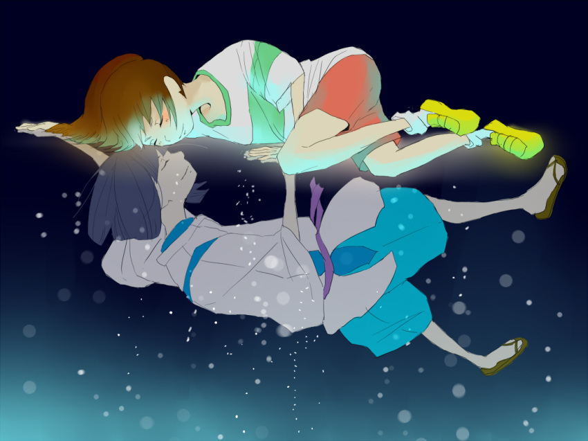 1girl, black_hair, brown_hair, child, closed_eyes, eyes_closed, ghibli, glowing
