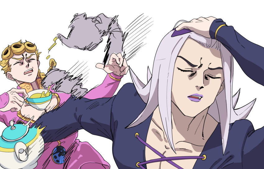2boys, afterimage, blonde_hair, blue_shirt, brkrn, cleavage_cutout, closed_eyes, clothing_cutout