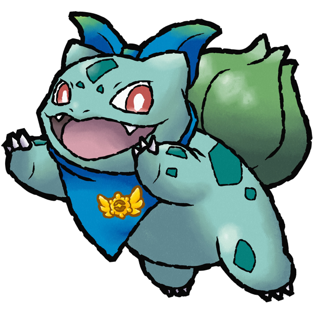 animal_focus, badge, bandana, bandana_around_neck, blue_bandana, bright_pupils, bud, bulbasaur