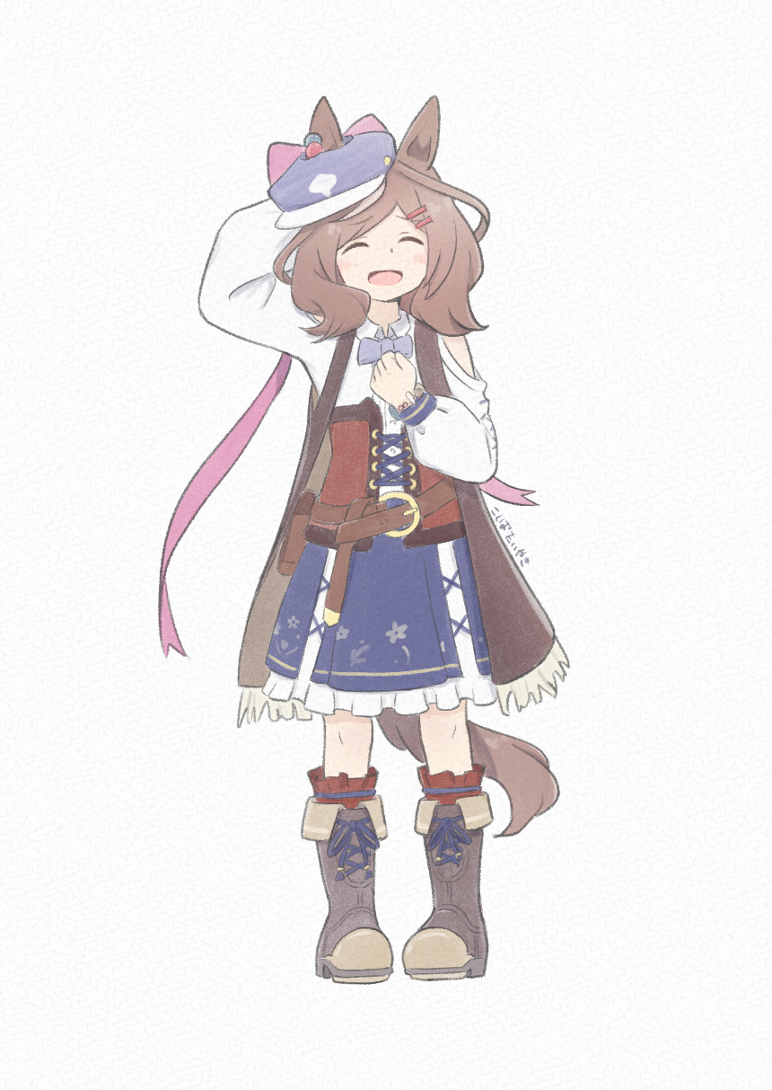 1girl, animal_ears, belt_bag, blue_hat, blue_skirt, blush, boots, bow, brown_boots, brown_hair, center_frills, closed_mouth, clothing_cutout, commentary_request, corset, ears_through_headwear, facing_viewer, frills, full_body, hair_ornament, hairclip, hat, highres, horse_ears, horse_girl, horse_tail, koshiba_taiyaki, matikanetannhauser_(panpaka_tiltott)_(umamusume), matikanetannhauser_(umamusume), medium_hair, multicolored_hair, newsboy_cap, open_mouth, parallel_hairclips, red_corset, red_socks, shirt, shoulder_cutout, simple_background, skirt, smile, socks, solo, streaked_hair, tail, tilted_headwear, umamusume, white_background, white_shirt, white_skirt