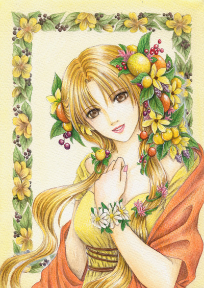 brown_eyes, demeter_(mythology), dress, flower, food, fruit, goddess, greek, kaori_natsuki, long_hair, mythology, orange_hair, smile, traditional_media, yellow_dress