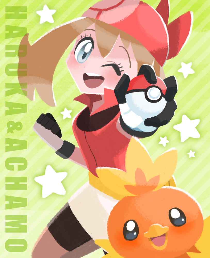 1girl, bandana, bike_shorts, bike_shorts_under_skirt, black_shorts, blue_eyes, blush, brown_hair, character_name, commentary_request, diagonal-striped_background, eyelashes, gloves, green_background, holding, holding_poke_ball, may_(pokemon), medium_hair, naco_oekaki, one_eye_closed, open_mouth, poke_ball, poke_ball_(basic), pokemon, pokemon_(creature), pokemon_rse, red_bandana, red_shirt, shirt, shorts, skirt, smile, star_(symbol), striped_background, teeth, torchic, upper_teeth_only, white_skirt