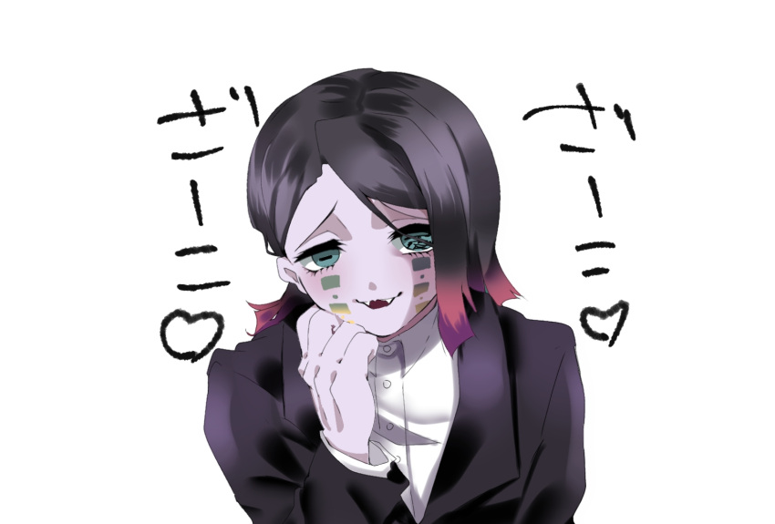 1boy, aqua_eyes, arm_at_side, asymmetrical_bangs, black_jacket, buttons, colored_tips, commentary_request
