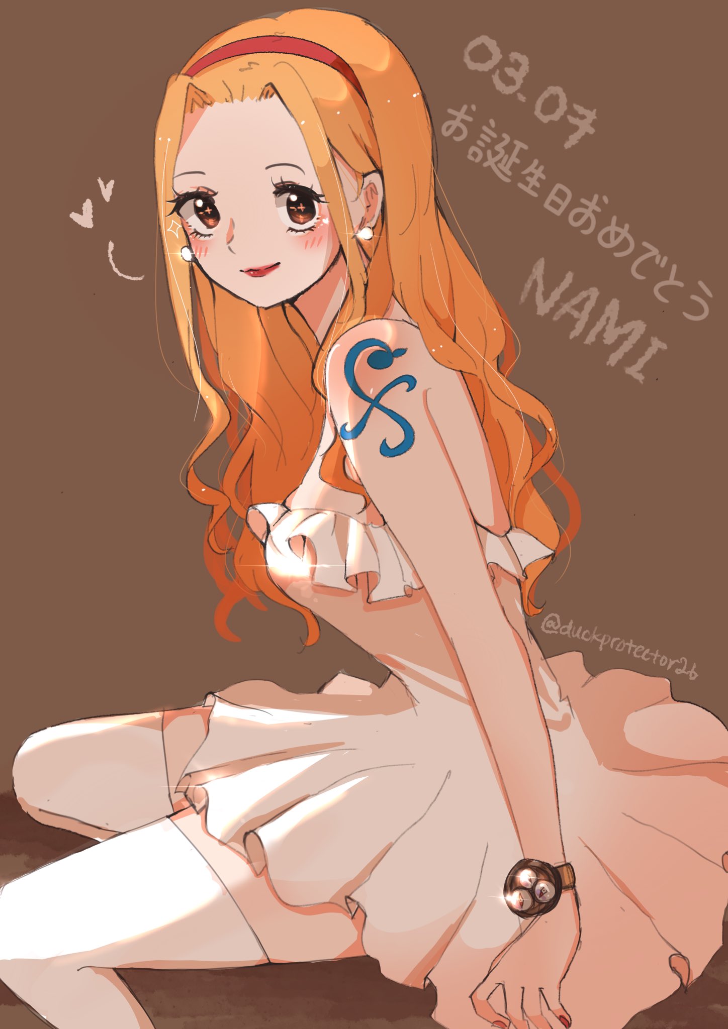1girl, arm_tattoo, blush, brown_background, commentary, dated, dress, earrings