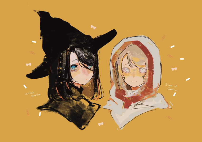 2girls, black_hat, blind, blonde_hair, blue_eyes, character_name, commentary_request, dark_souls_(series)