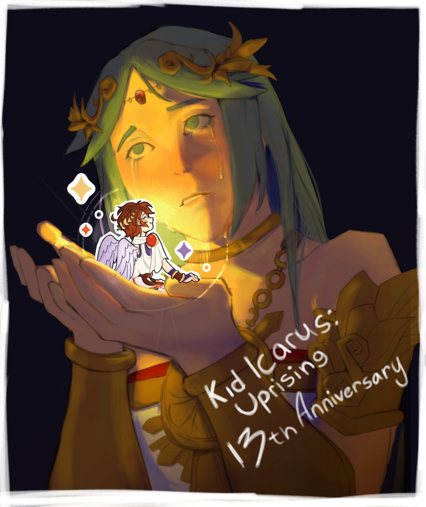 1boy, 1girl, ahoge, angel, angel_wings, anniversary, artist_collaboration, black_background