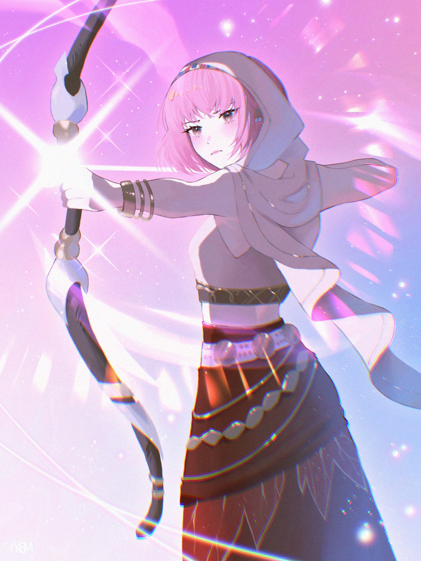 1girl, arrow_(projectile), beads, belt, blue_background, bow_(weapon), bracelet, brown_eyes