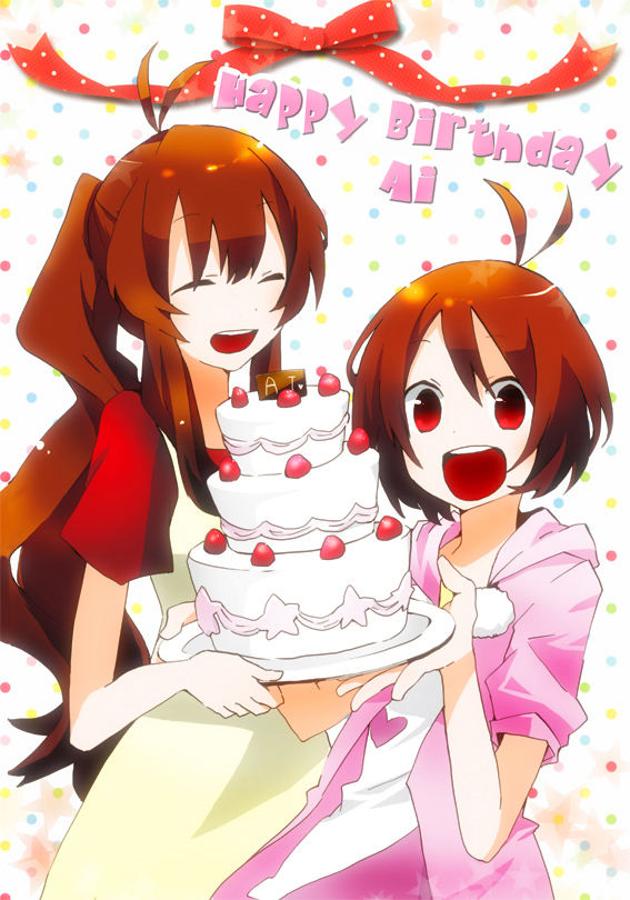age_difference, apron, brown_eyes, brown_hair, cake, closed_eyes, eyes_closed, food