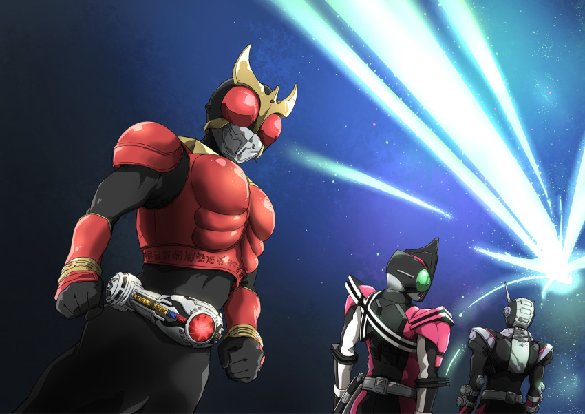 3boys, armor, black_bodysuit, bodysuit, cowboy_shot, hashtag-only_commentary, helmet, highres