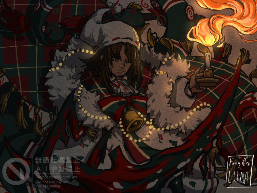 1boy, arthropod_limbs, beard_stubble, bell, brown_hair, burning, candlestand, christmas_nightmare_(e.g.o)