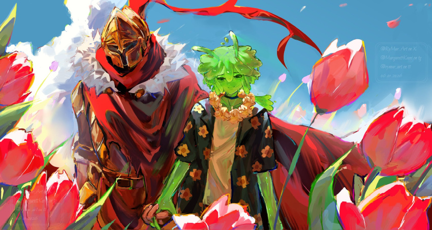 1boy, 1other, ambiguous_gender, antennae, armor, averythemayo, black_shirt, blue_sky