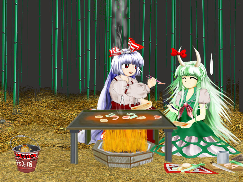 bamboo, bamboo_forest, bow, bucket, chopsticks, closed_eyes, commentary_request, dress