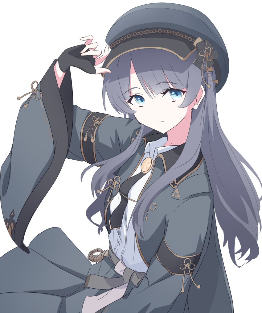 1girl, arm_up, black_gloves, black_hair, black_hat, black_jacket, black_necktie, black_skirt