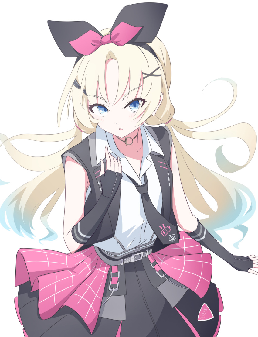 1girl, black_bow, black_hairband, black_jacket, black_necktie, black_skirt, blonde_hair, blue_eyes