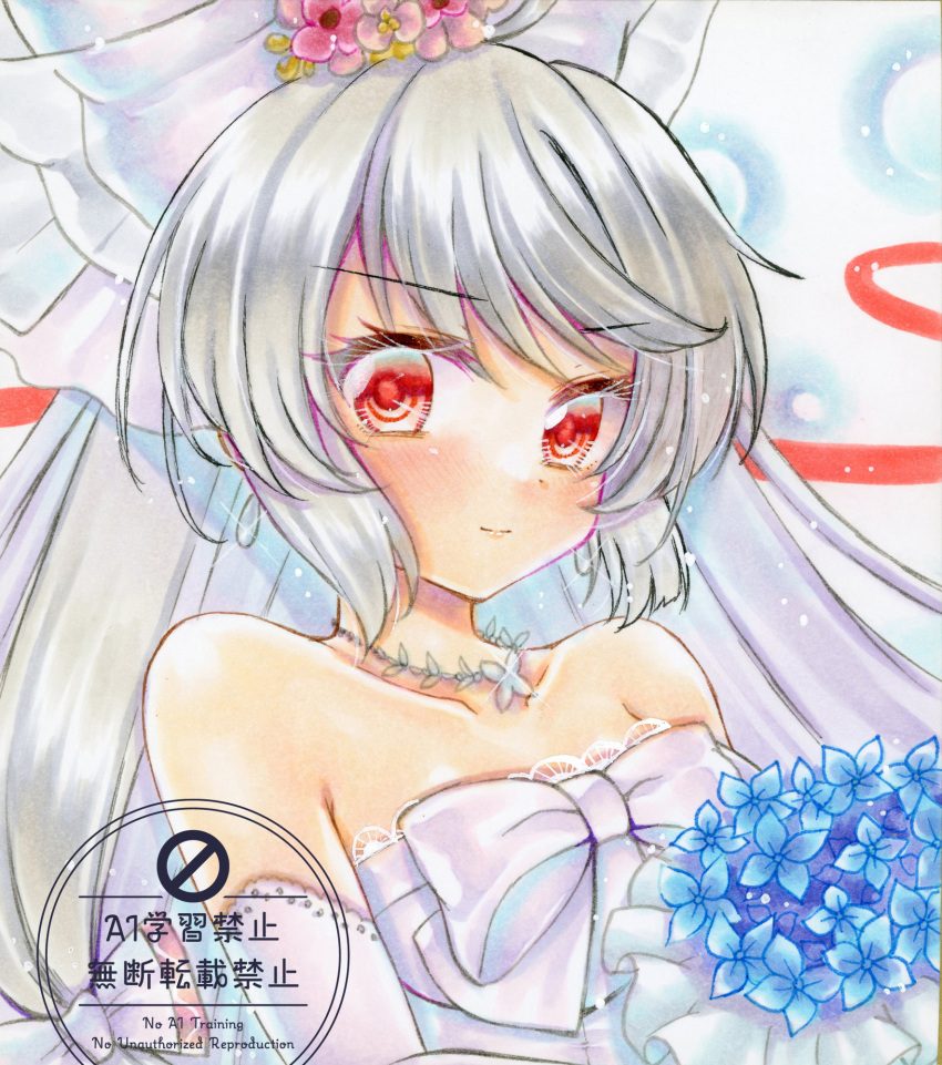 1girl, alternate_costume, bare_shoulders, blue_flower, blush, bouquet, bow, closed_mouth