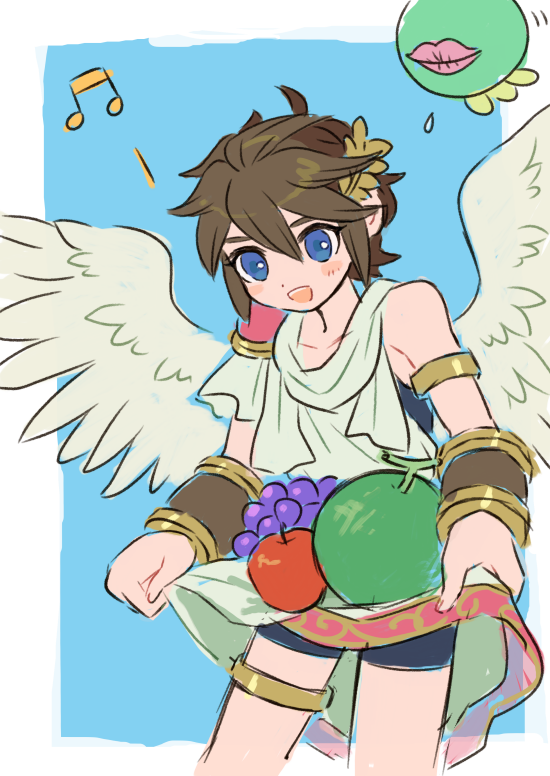 1boy, :d, androgynous, angel, angel_wings, apple, armlet, bike_shorts
