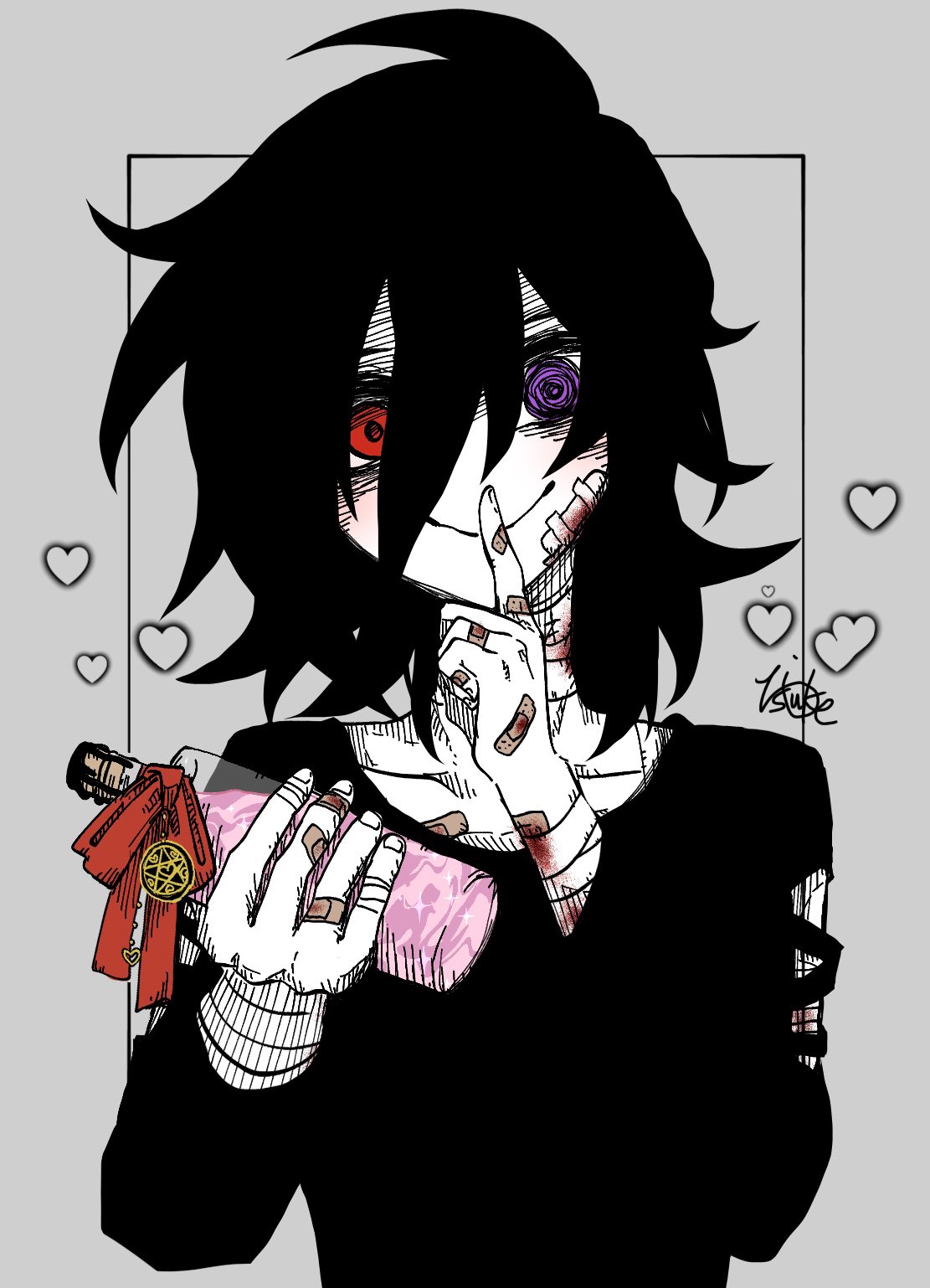 1boy, @_@, bandaged_arm, bandages, bandaid, bandaid_on_chest, bandaid_on_finger, bandaid_on_hand, black_hair, black_shirt, blood, blood_on_face, bottle, closed_mouth, collarbone, commentary, crazy_eyes, crazy_smile, finger_to_mouth, gauze, gauze_on_cheek, grey_background, hatching_(texture), heart, heterochromia, highres, holding, holding_bottle, looking_at_viewer, male_focus, messy_hair, red_ribbon, ribbon, sekai_yusuke, shirt, short_hair, signature, smile, solo, star_(symbol), straight-on, symbol-only_commentary, torn_clothes, torn_shirt, upper_body, yandere