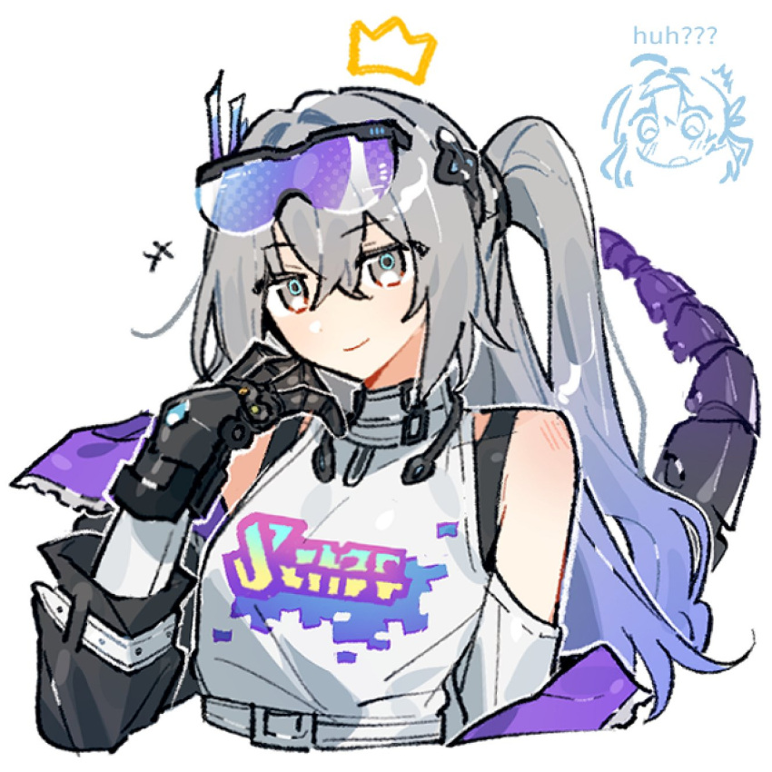 2girls, bare_shoulders, commentary, emne, english_commentary, eyewear_on_head, firefly_(honkai:_star_rail), gauntlets, gradient_hair, grey_eyes, grey_hair, highres, honkai:_star_rail, honkai_(series), jacket, long_hair, mechanical_tail, multicolored_hair, multiple_girls, off_shoulder, ponytail, silver_wolf_(elation)_(honkai:_star_rail), silver_wolf_(honkai:_star_rail), single_gauntlet, single_mechanical_glove, solo_focus, tail, very_long_hair