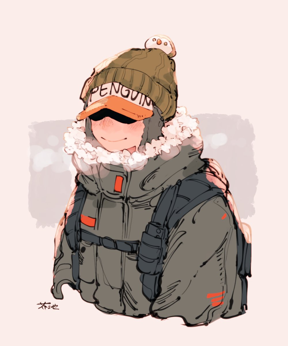 1boy, akuta_ji, backpack, bag, beanie, black_bag, blush, closed_mouth
