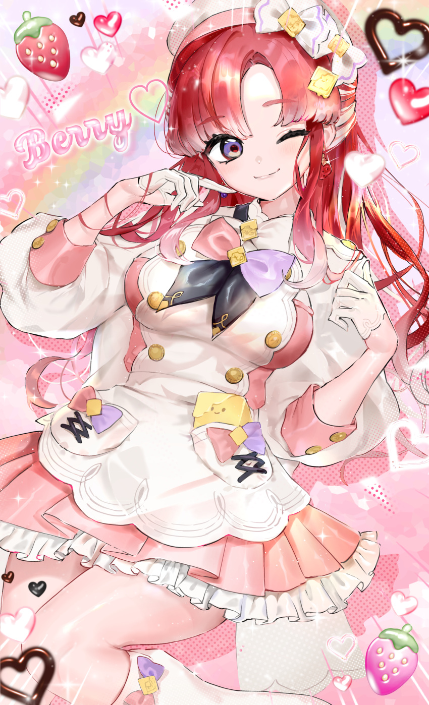 1girl, ;), absurdres, apron, beret, closed_mouth, commentary_request, food, frilled_skirt, frills, fruit, gloves, half_gloves, hat, heart, highres, kneehighs, long_hair, long_sleeves, looking_at_viewer, nijisanji, one_eye_closed, parted_bangs, pleated_skirt, puffy_long_sleeves, puffy_sleeves, red_hair, saotome_berry, shirt, skirt, smile, socks, solo, strawberry, tekona0, thick_eyebrows, very_long_hair, violet_eyes, virtual_youtuber, white_apron, white_gloves, white_hat, white_shirt, white_socks