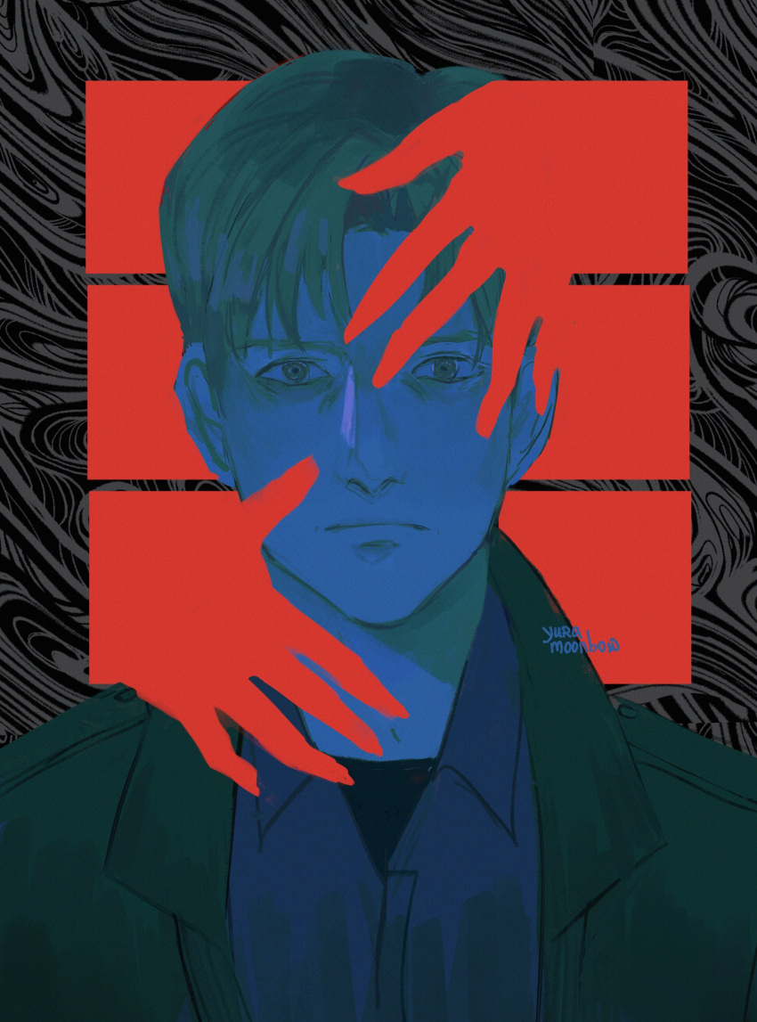 1boy, closed_mouth, collared_shirt, commentary, english_commentary, frown, green_jacket, highres