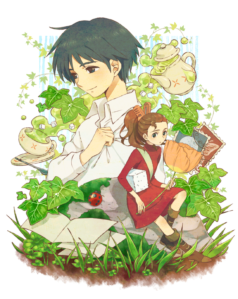 1girl, ar_(rikuesuto), arrietty, black_hair, brown_hair, ivy, karigurashi_no_arrietty, ladybug