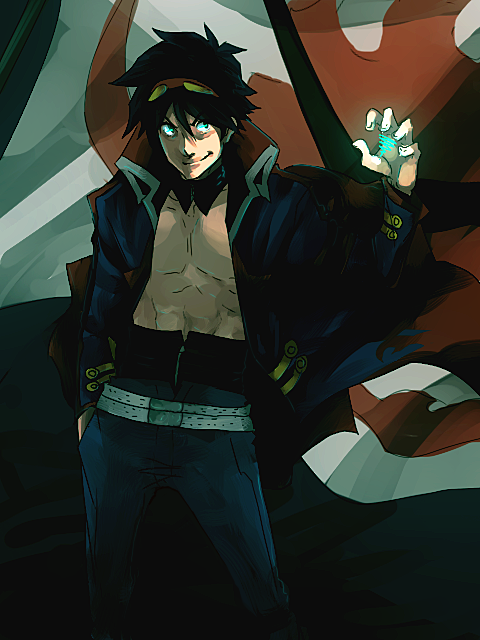 belt, choker, corset, glowing, goggles, goggles_on_head, hand_in_pocket, male