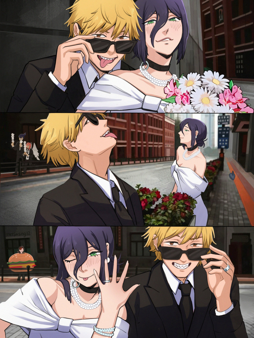 1boy, 2girls, absurdres, black_choker, blonde_hair, blue_hair, blush, bouquet