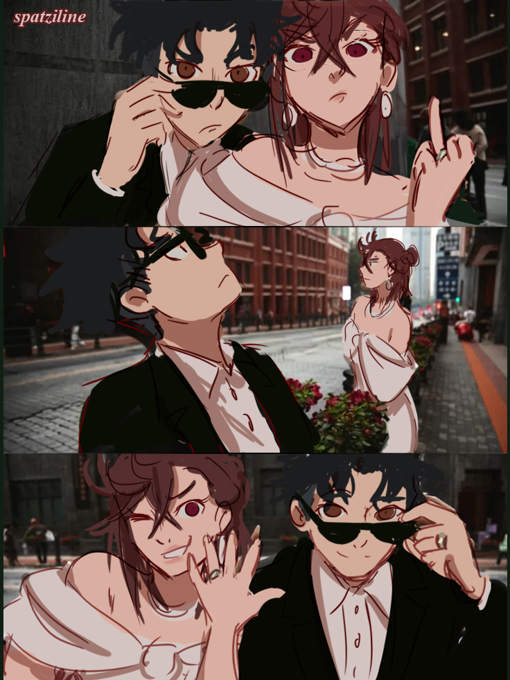 1boy, 1girl, artist_name, ayase_momo, black_hair, black_jacket, brown_eyes, brown_hair, chinese_wedding_photoshoot, city, commentary, couple, dandadan, dress, english_commentary, formal_clothes, hetero, jacket, jewelry, looking_at_viewer, looking_up, off-shoulder_dress, off_shoulder, one_eye_closed, outdoors, photo-referenced, photo_background, ring, shirt, sketch, smile, spatziline, sunglasses, takakura_ken_(dandadan), upper_body, urban, wedding, wedding_ring, white_dress, white_shirt